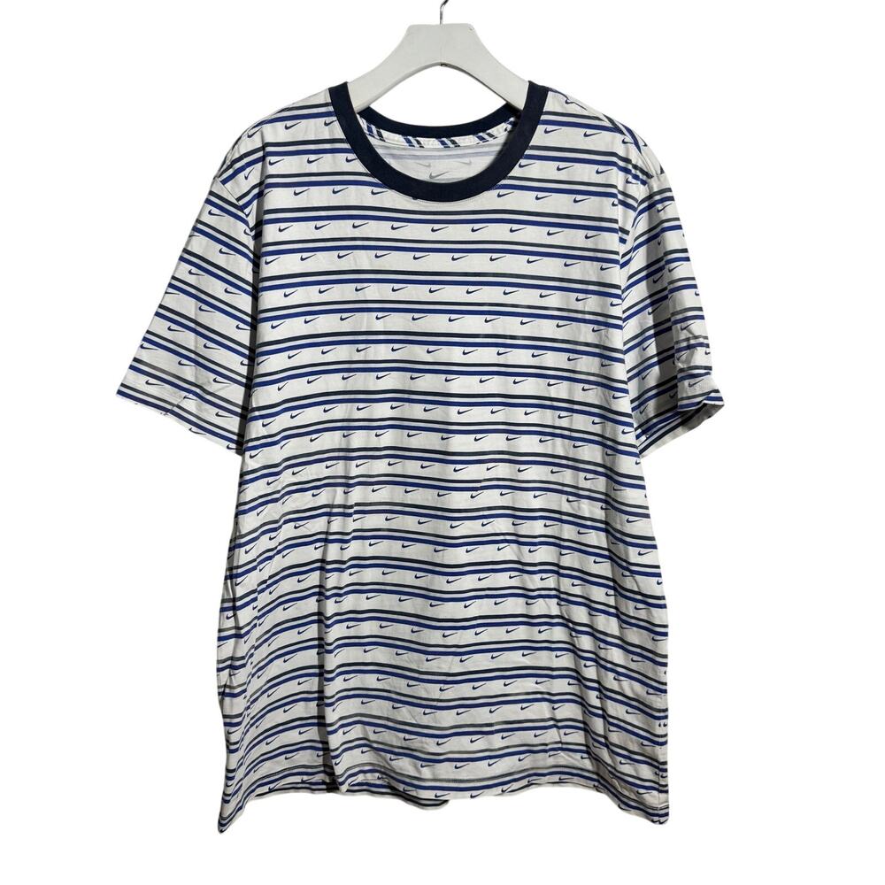 The‎ Nike Tee Swoosh Logo All Over Men XXL White Blue Stripe Street Athleisure